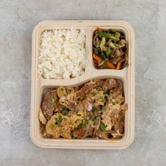 Katsu don pork with Japanese rice & vegetables